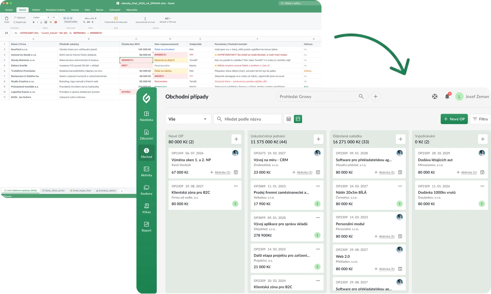Srovnání Excelu a Growy CRM v praxi